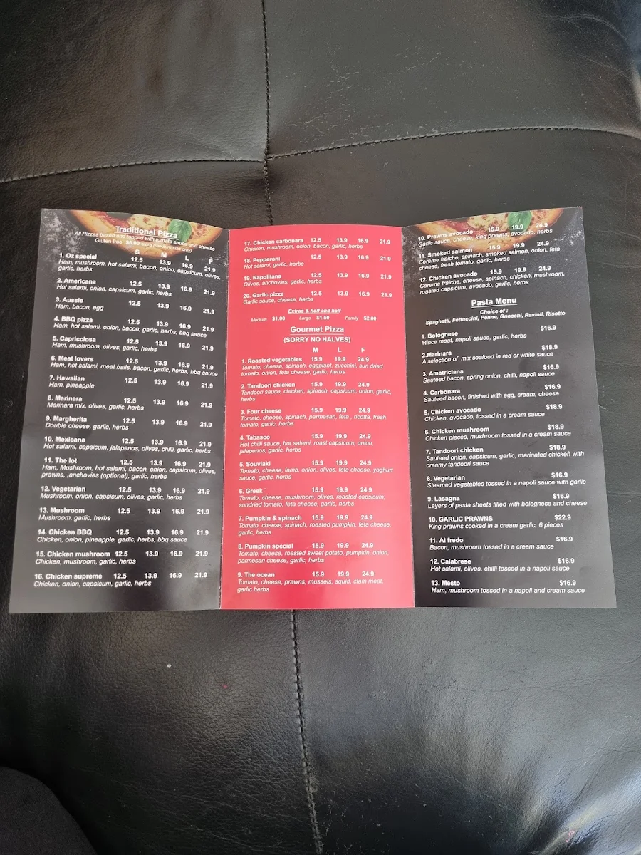Menu, Oz Boys Pizza and Pasta