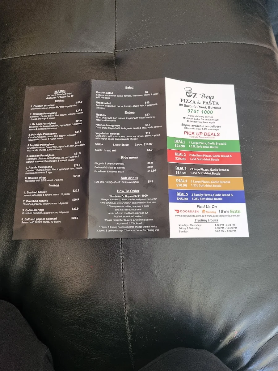 Menu, Oz Boys Pizza and Pasta