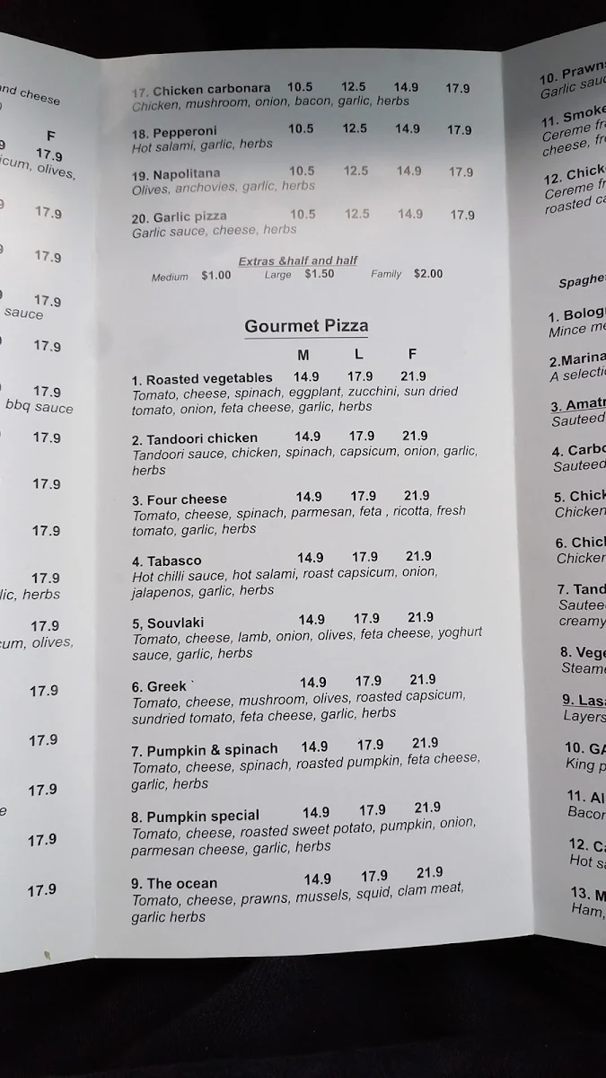 Menu, Oz Boys Pizza and Pasta