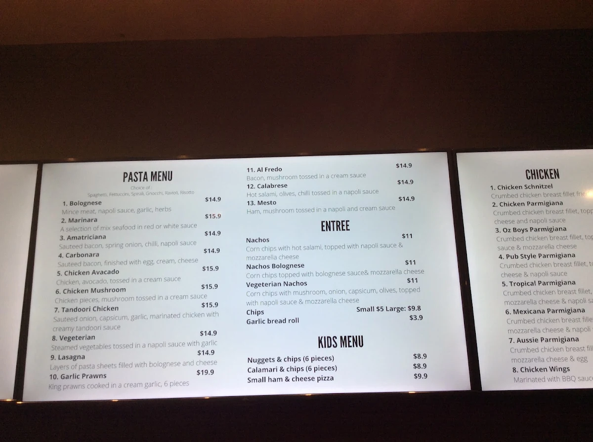 Menu, Oz Boys Pizza and Pasta