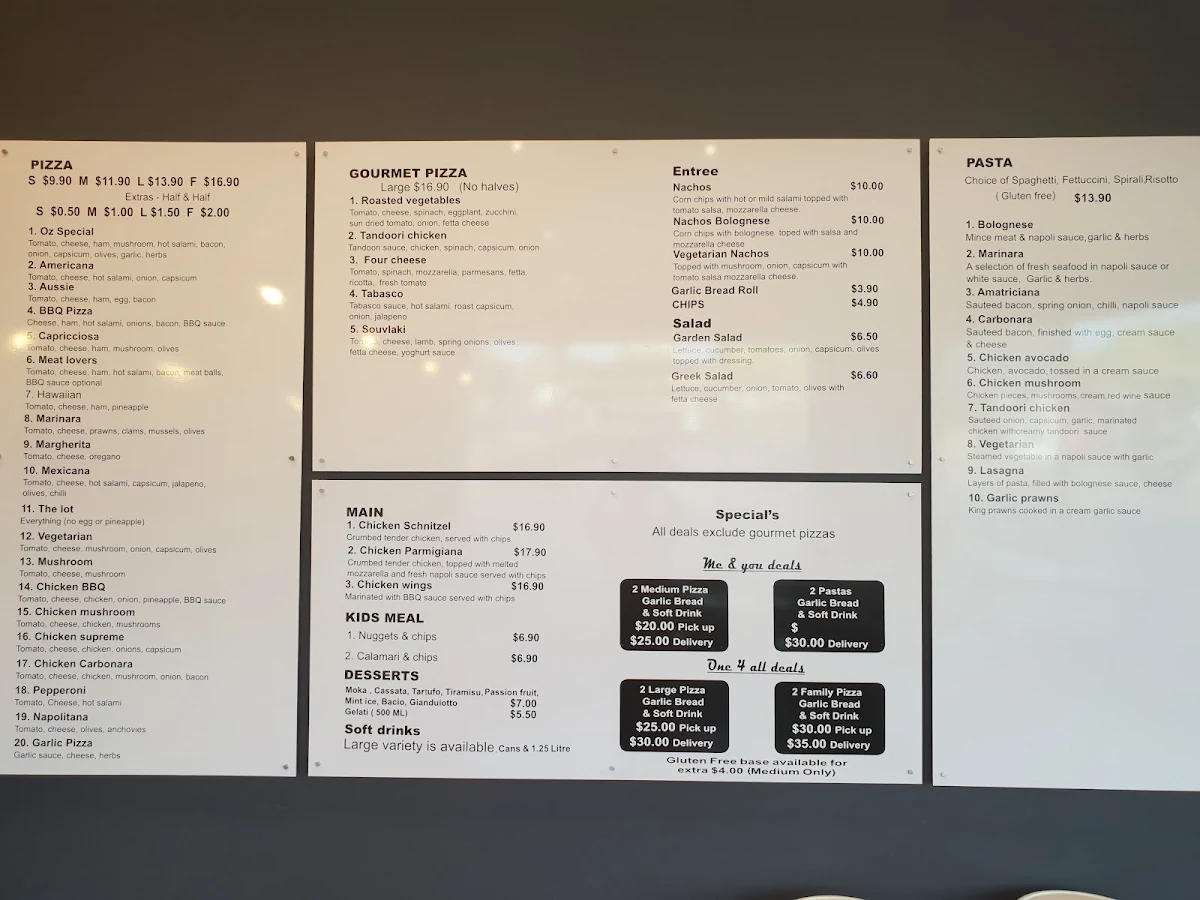 Menu, Oz Boys Pizza and Pasta