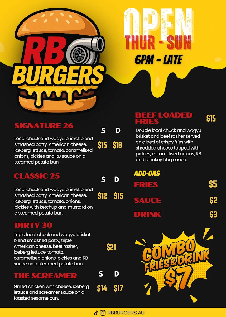 Menu, RB Burgers