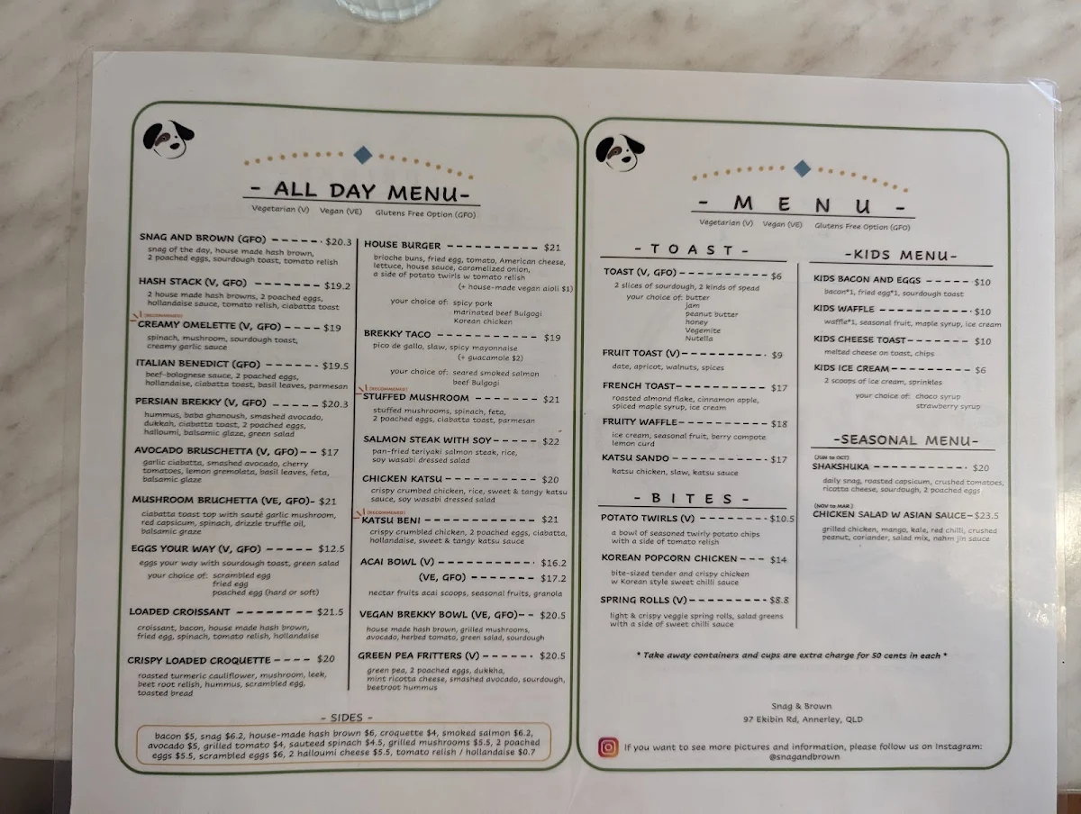Menu, Snag & Brown