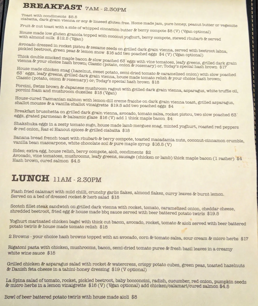 Menu, Snag & Brown
