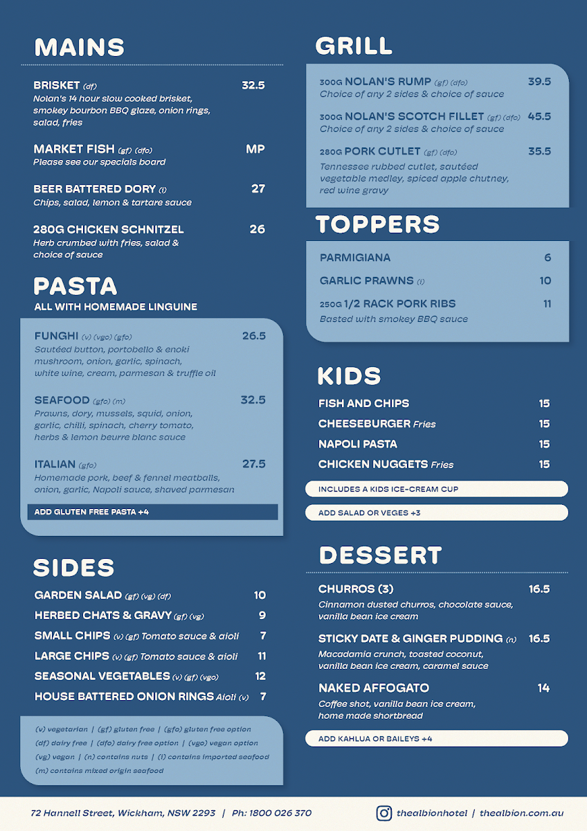 Menu, The Albion Hotel