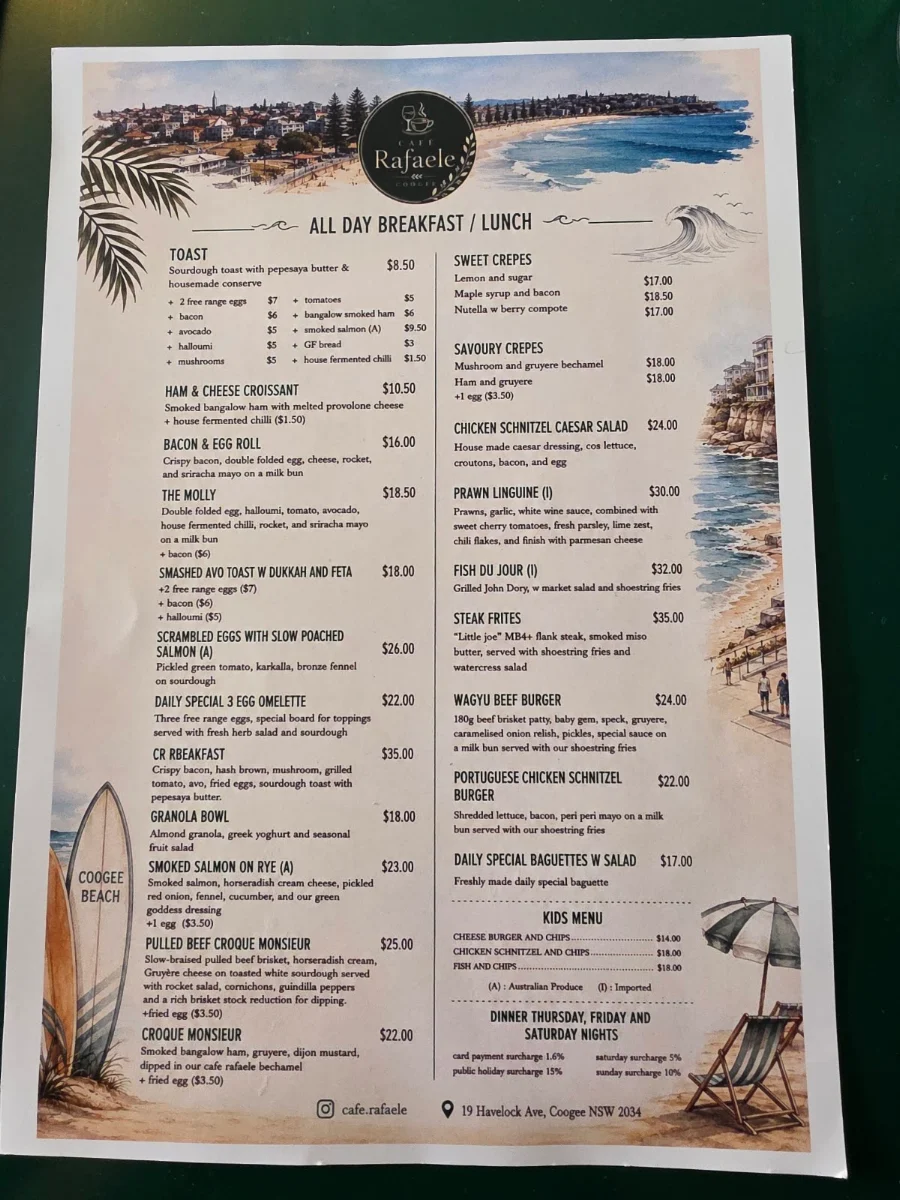 Menu, Cafe Rafaele