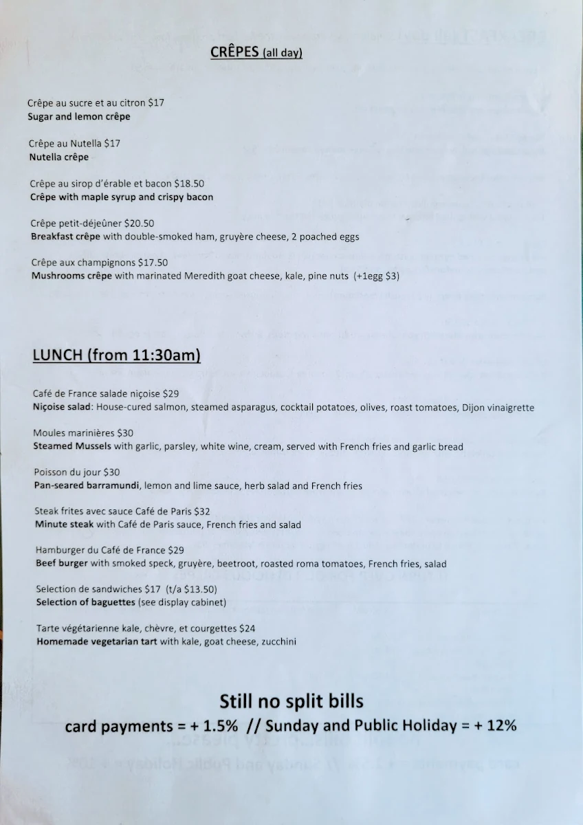 Menu, Cafe Rafaele