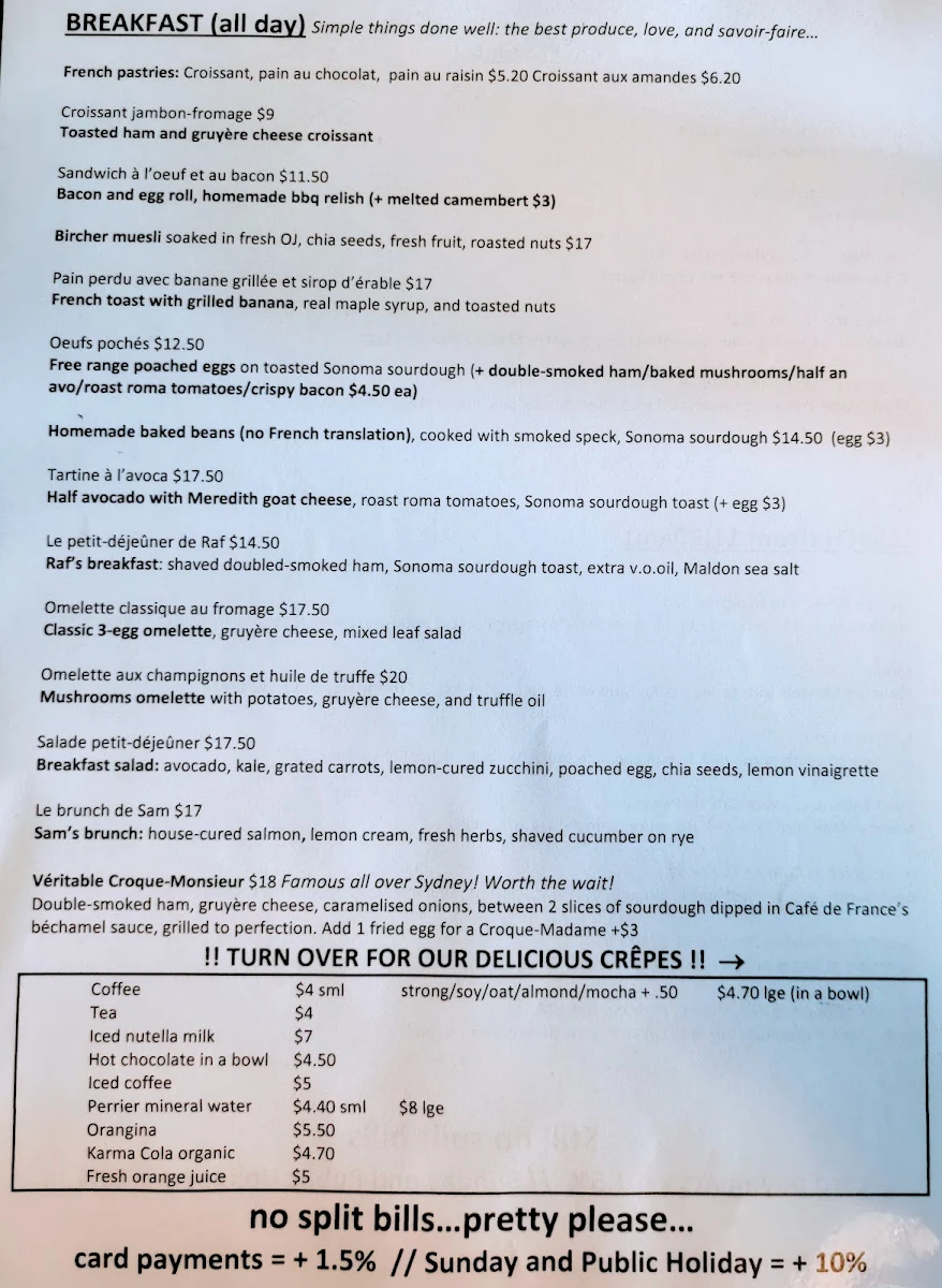 Menu, Cafe Rafaele