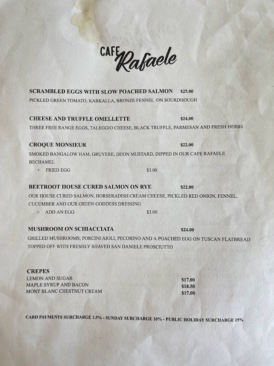 Menu, Cafe Rafaele