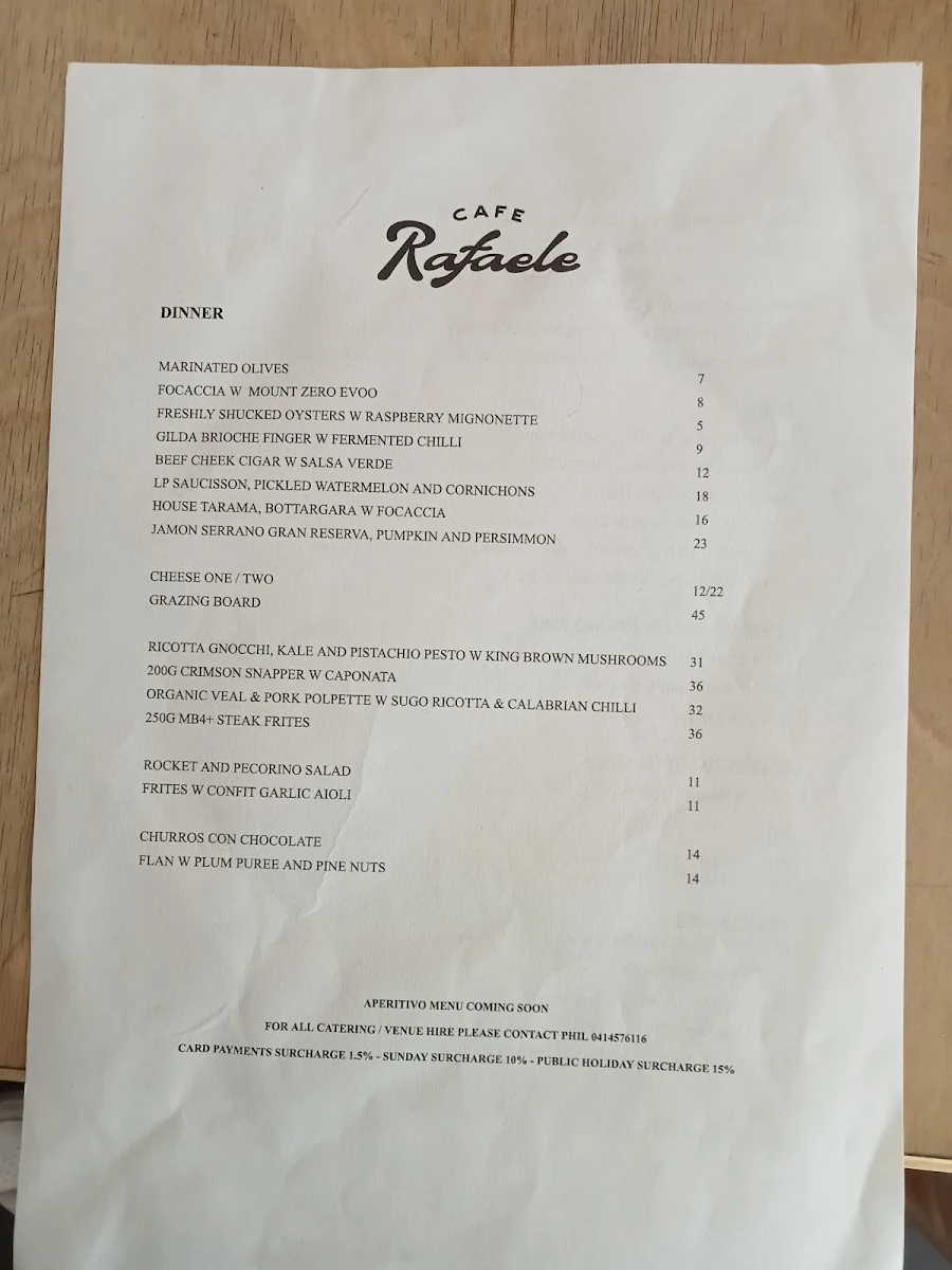 Menu, Cafe Rafaele