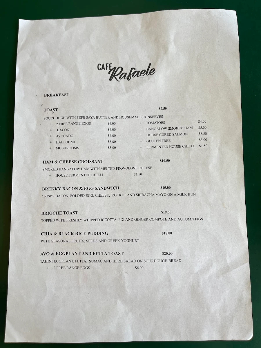 Menu, Cafe Rafaele