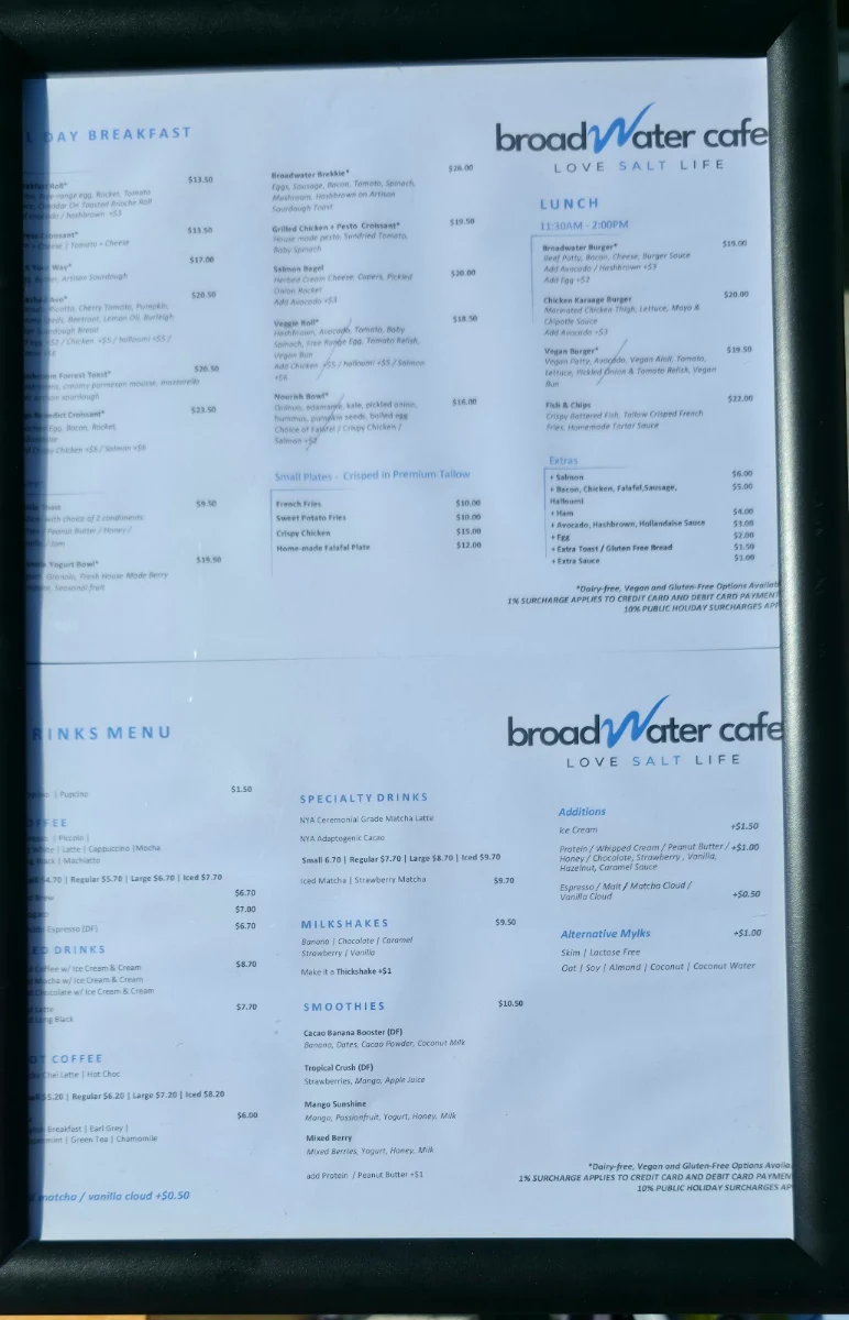 Menu, Broadwater Cafe