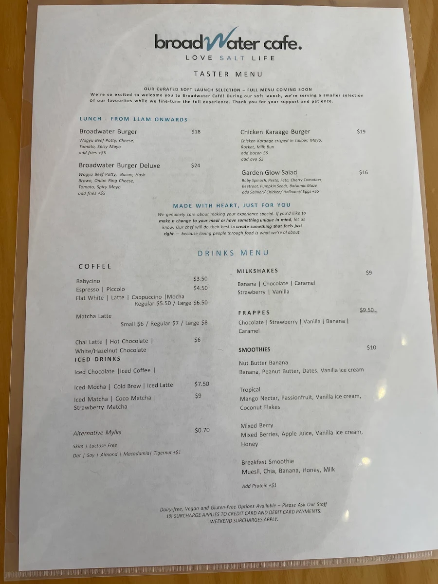 Menu, Broadwater Cafe