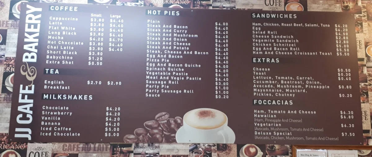 Menu, JJ Cafe & Bakery