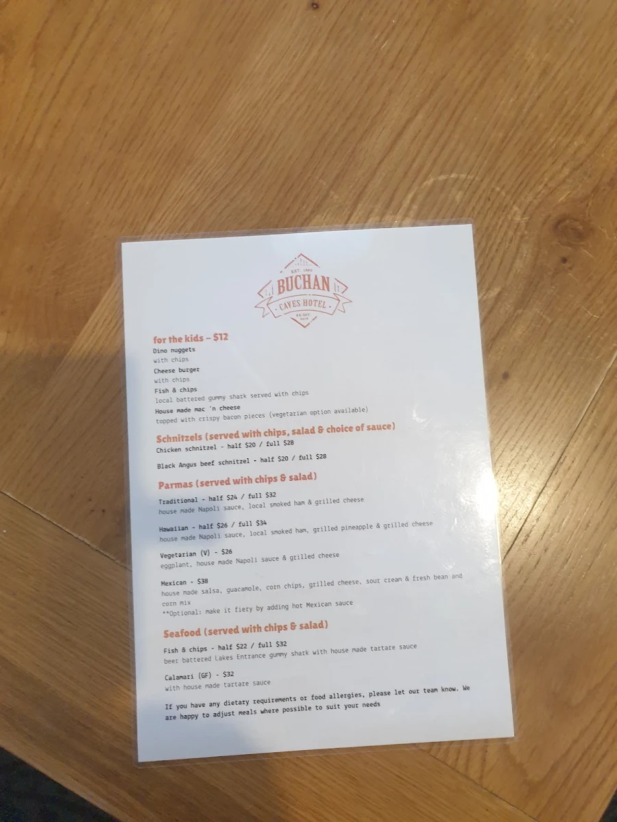 Menu, Buchan Caves Hotel