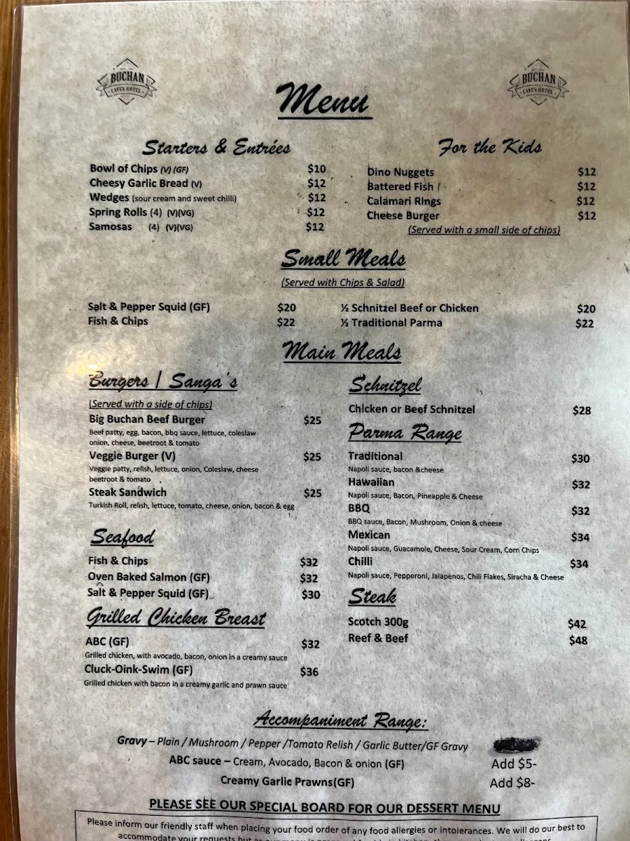 Menu, Buchan Caves Hotel