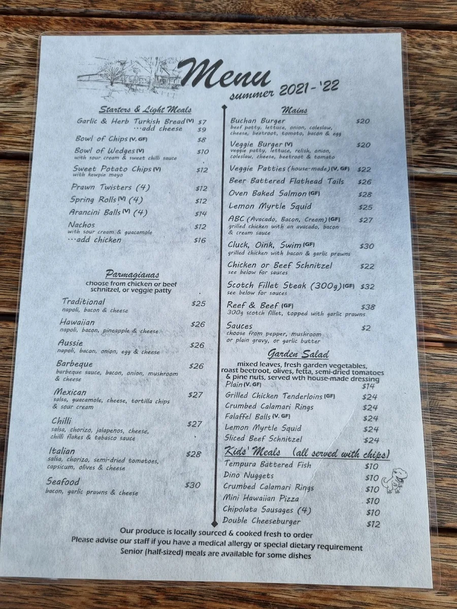 Menu, Buchan Caves Hotel