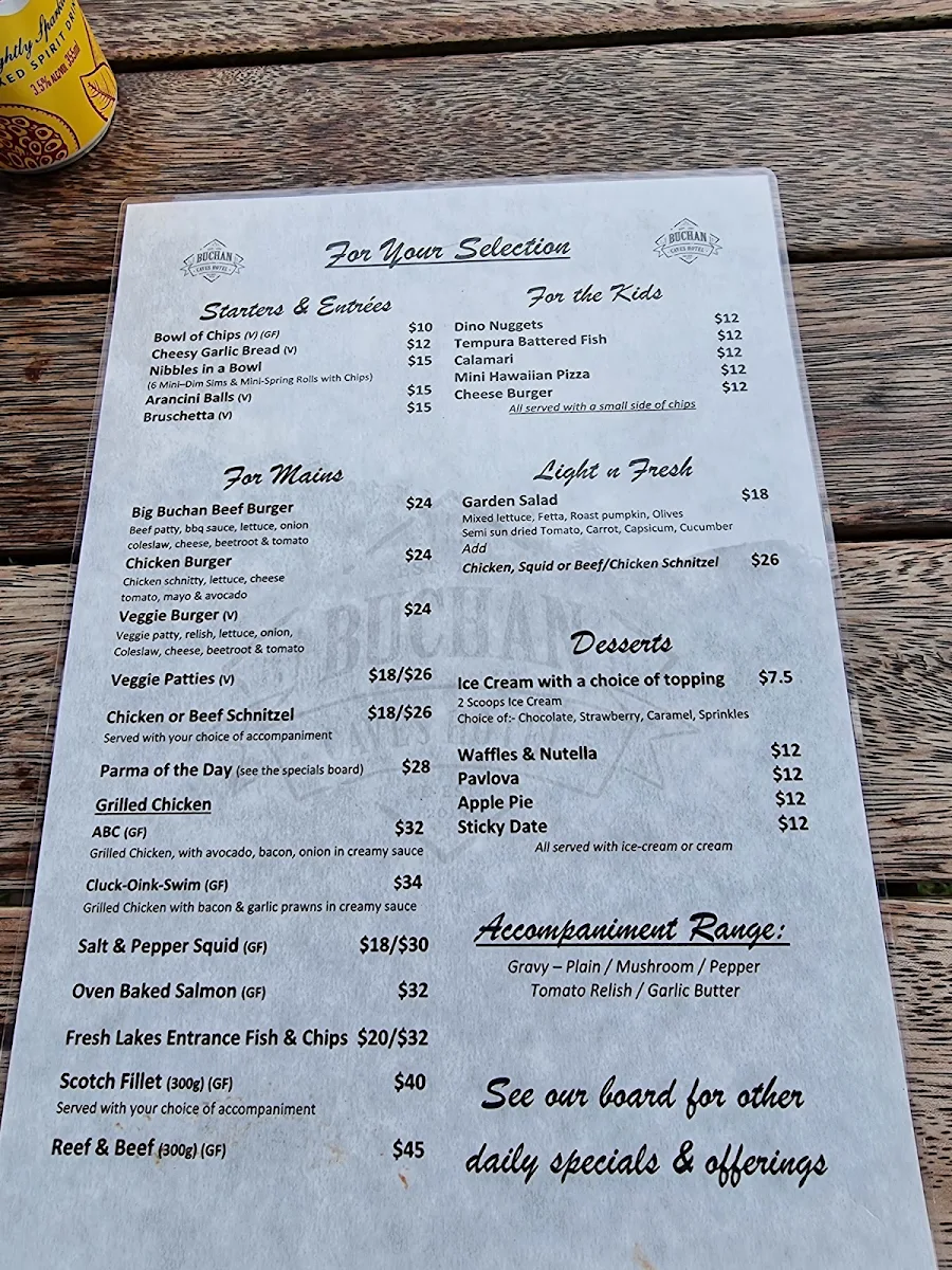 Menu, Buchan Caves Hotel