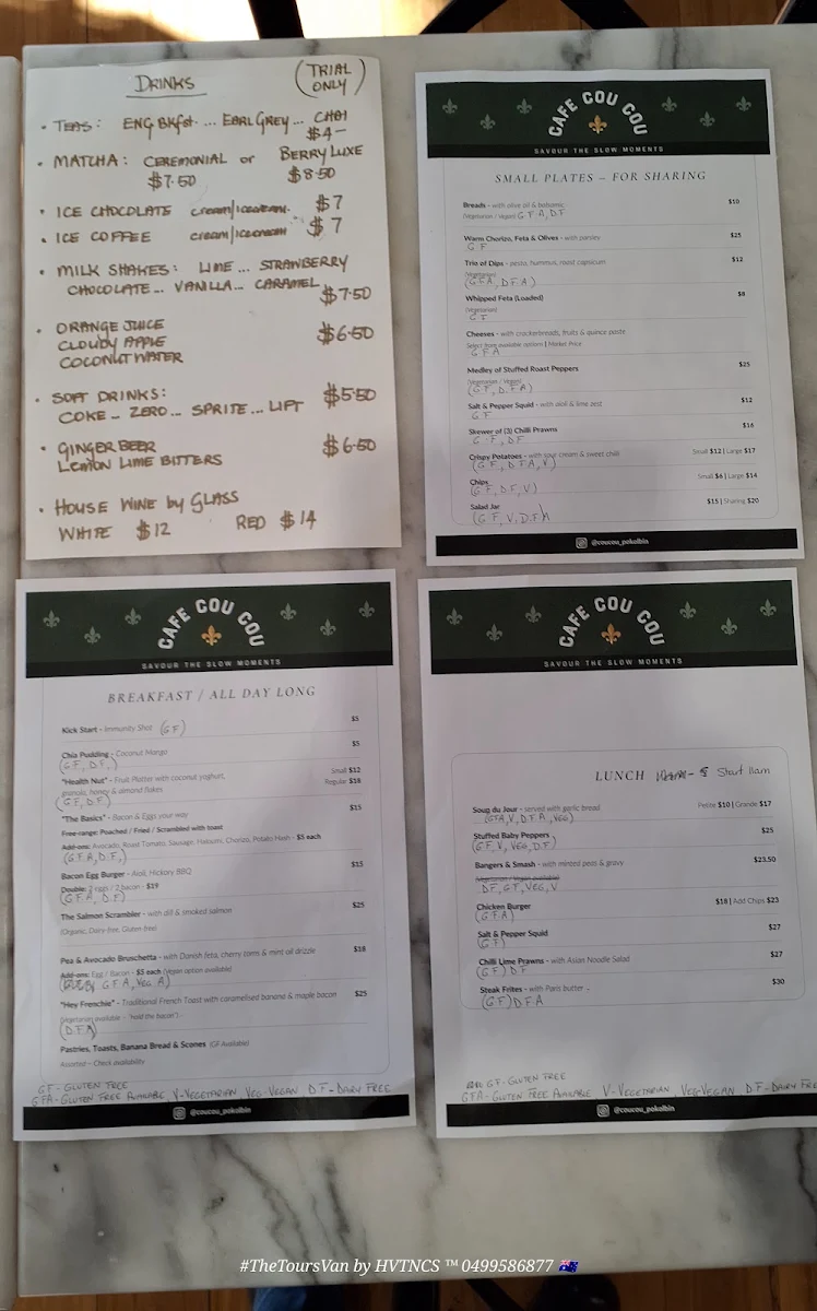 Menu, Cafe Cou Cou
