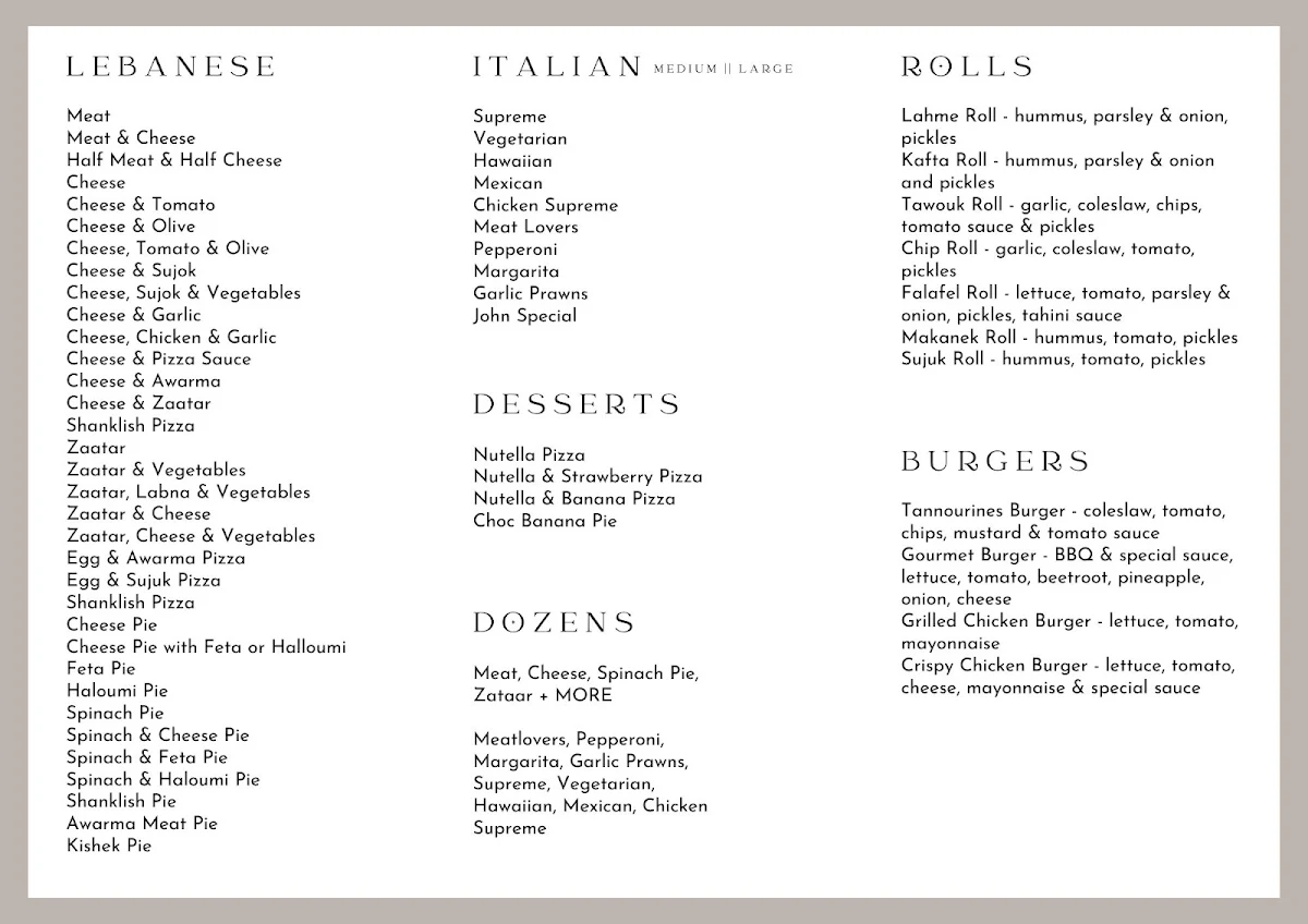 Menu, Tannourines Bakery