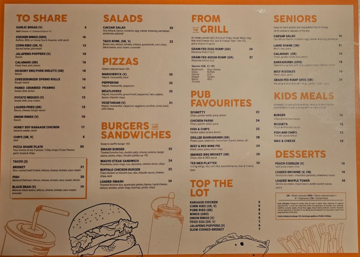 Menu, Indooroopilly Hotel