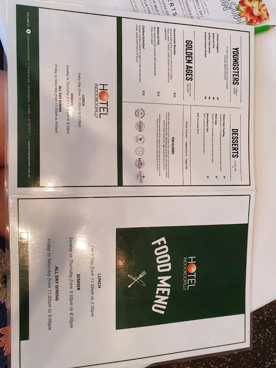 Menu, Indooroopilly Hotel