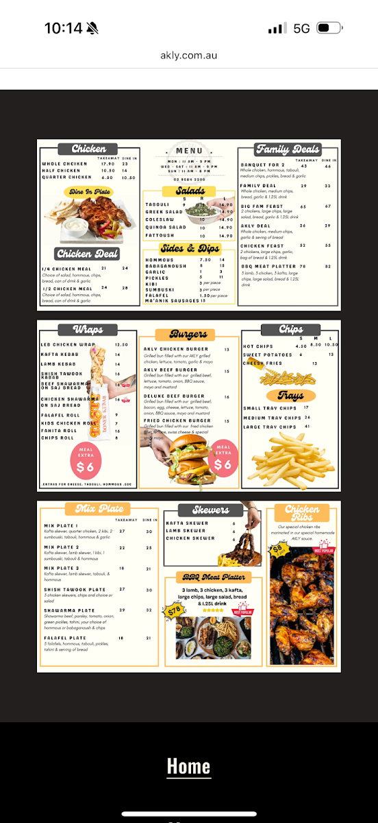 Menu, Akly Charcoal Chicken