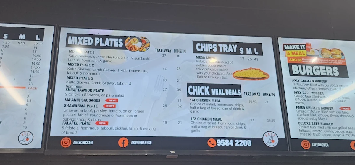 Menu, Akly Charcoal Chicken