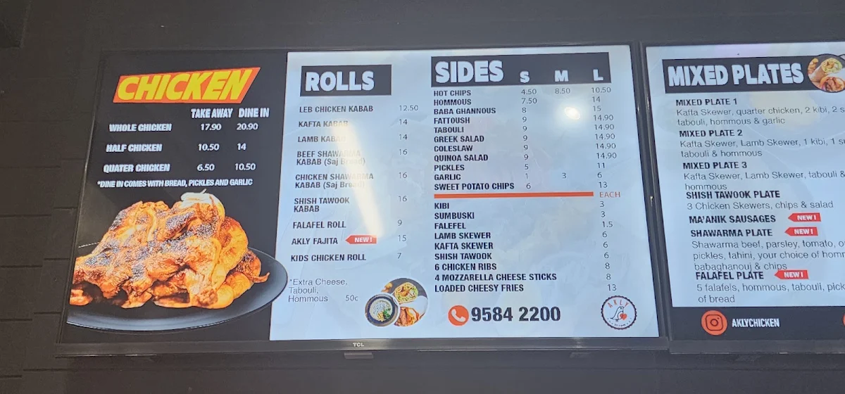 Menu, Akly Charcoal Chicken