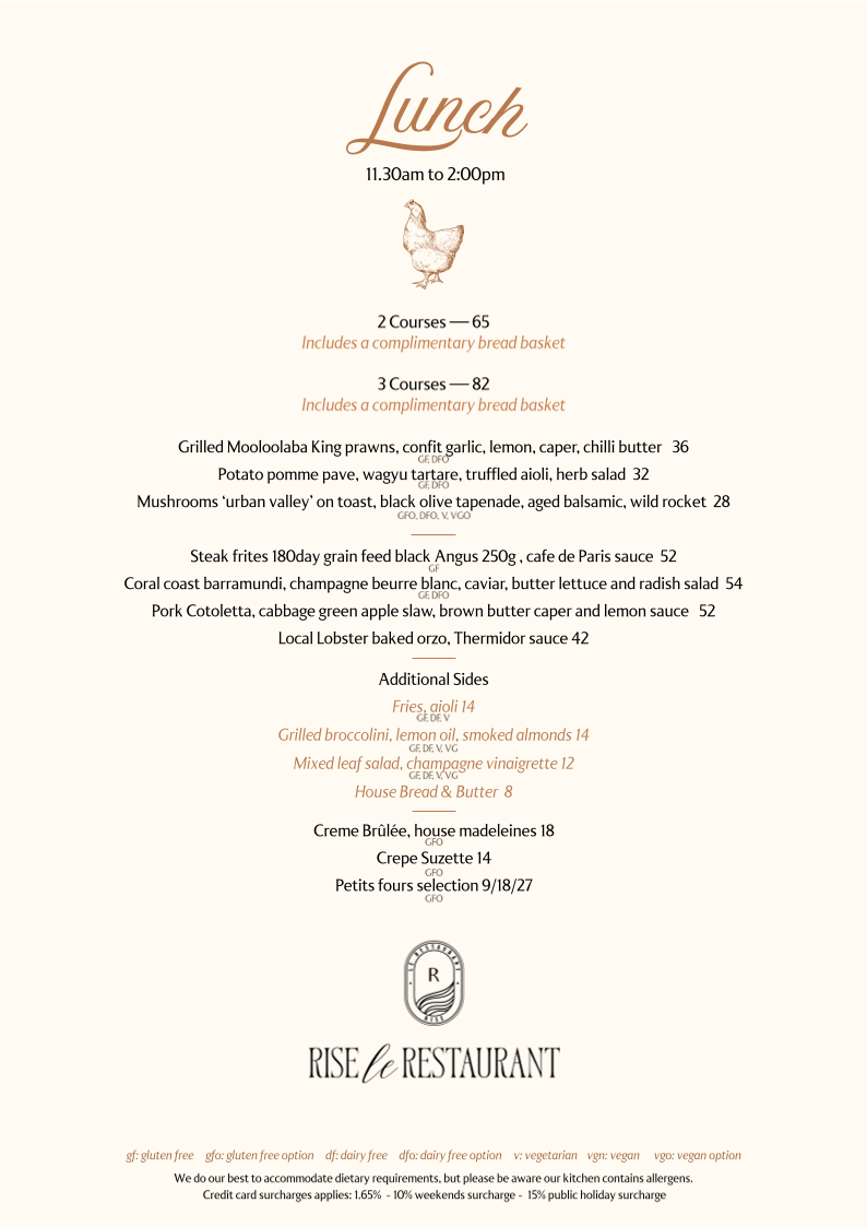 Menu, Rise Bakery & Restaurant Newstead
