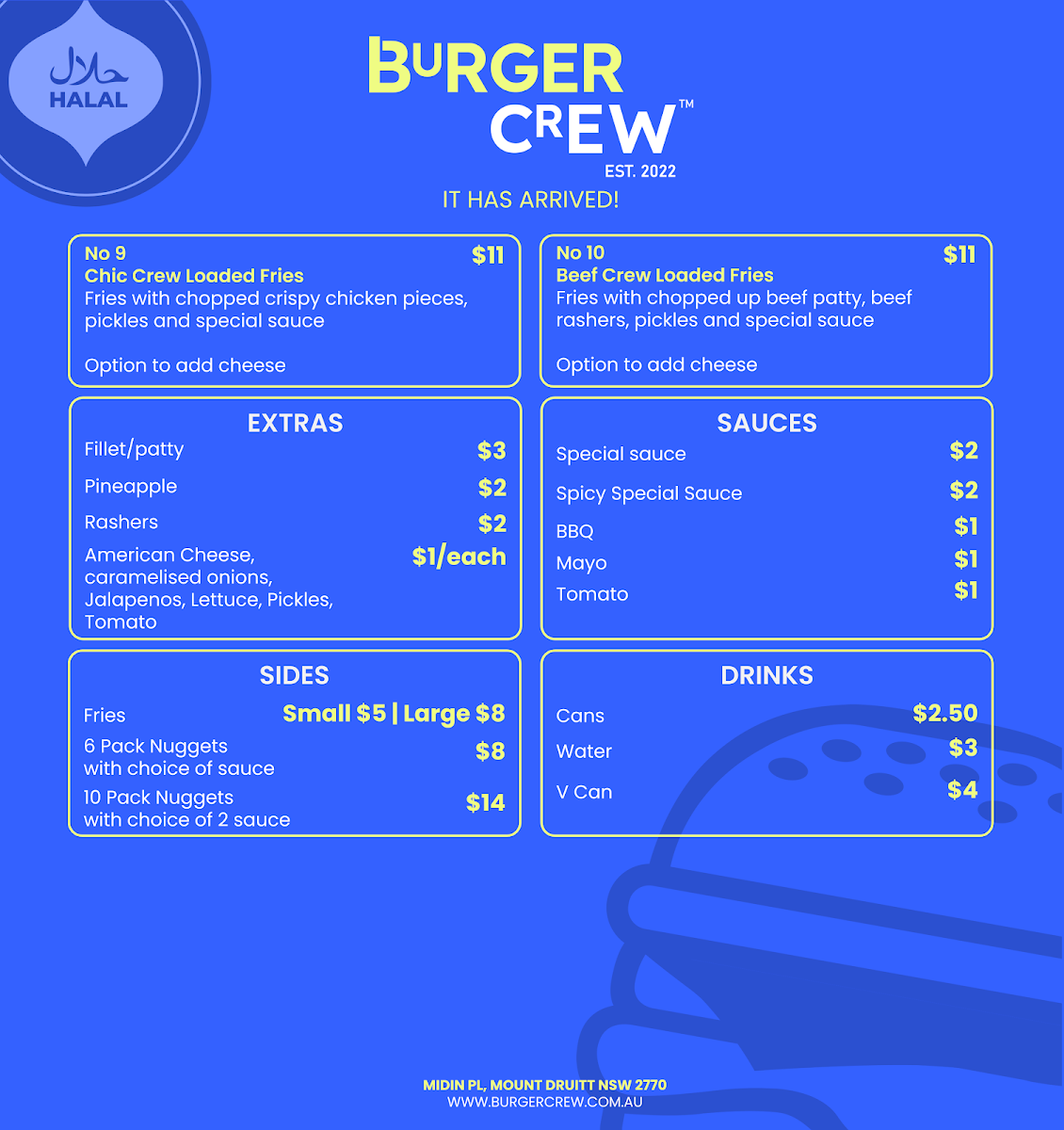 Menu, Burger Crew Burger Truck