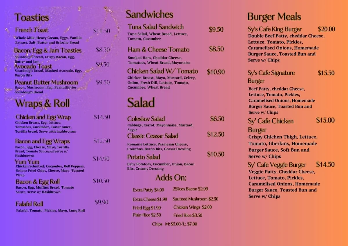 Menu, Sy Café