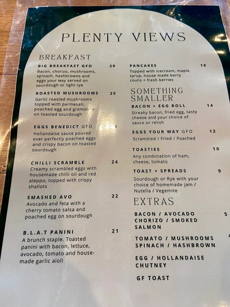 Menu, Plenty Views Bar Restaurant