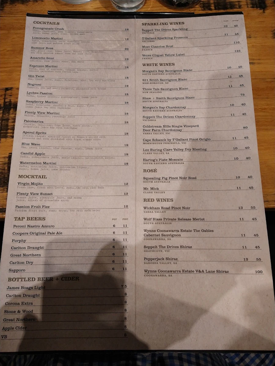 Menu, Plenty Views Bar Restaurant