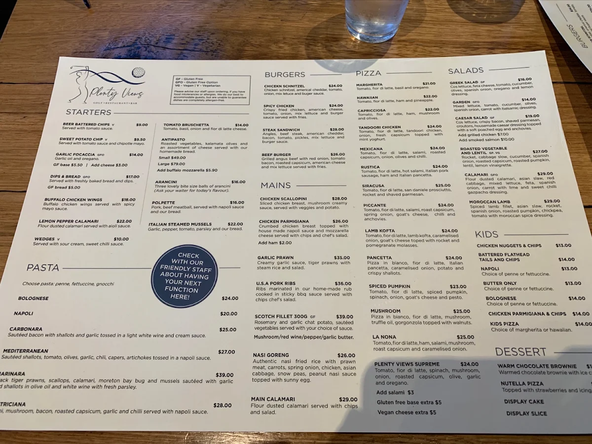 Menu, Plenty Views Bar Restaurant