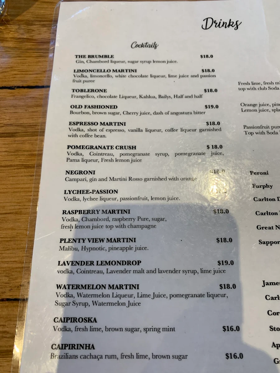 Menu, Plenty Views Bar Restaurant