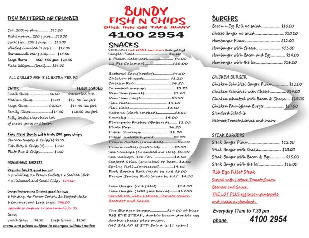 Menu, Bundy Fish N Chips
