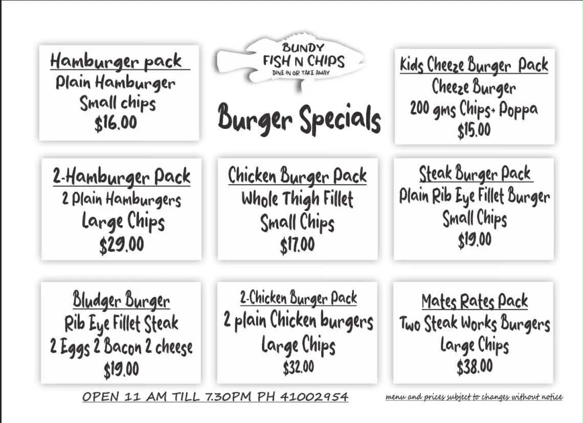 Menu, Bundy Fish N Chips