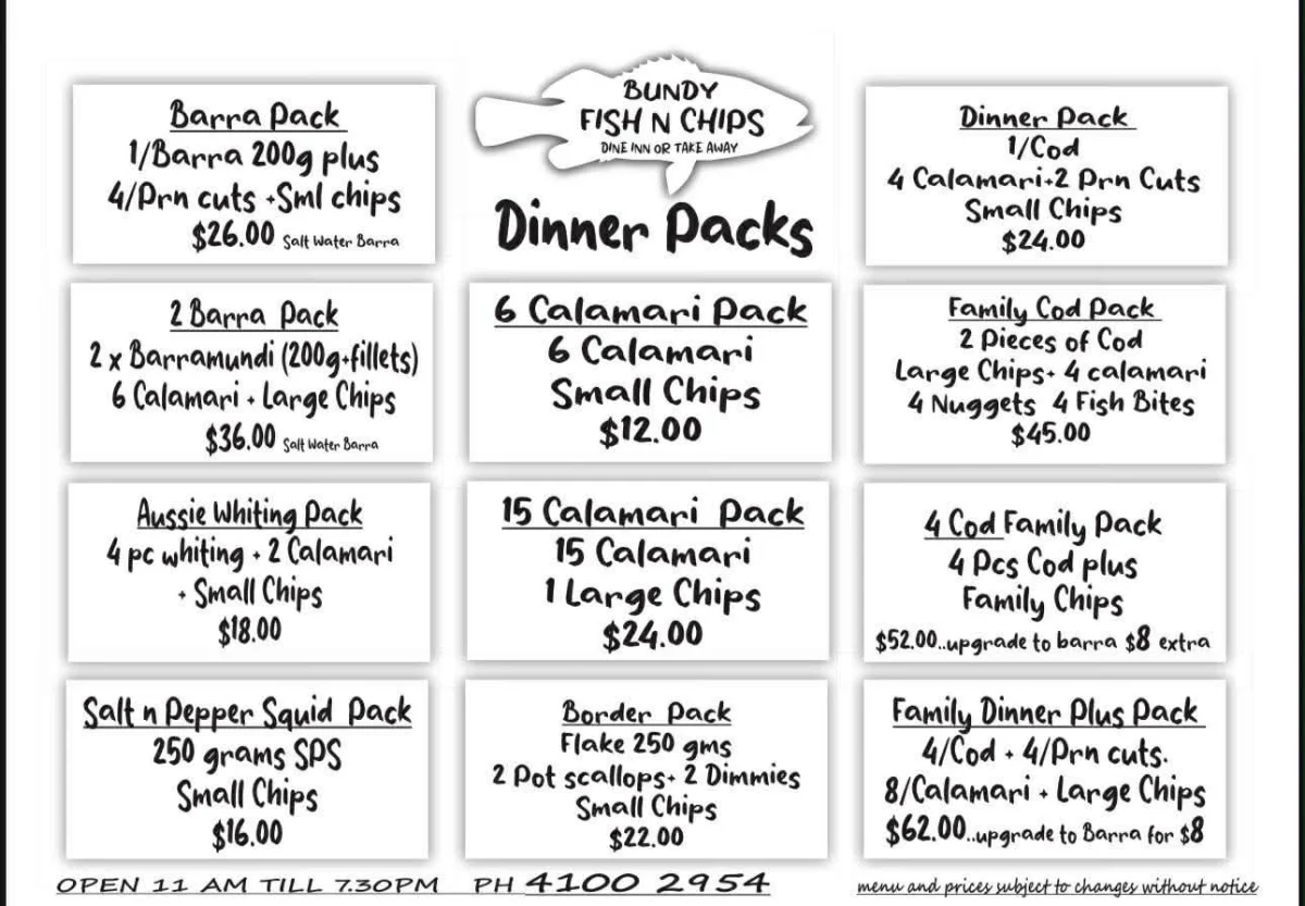 Menu, Bundy Fish N Chips