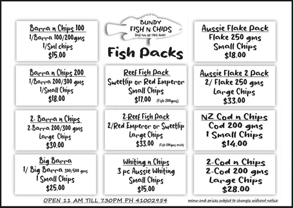 Menu, Bundy Fish N Chips