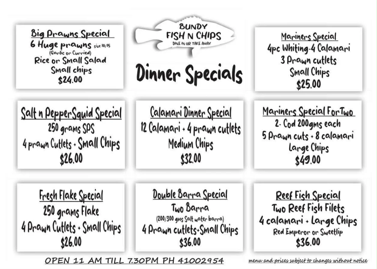 Menu, Bundy Fish N Chips