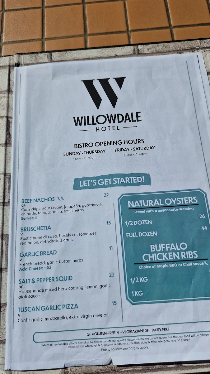 Menu, Willowdale Hotel