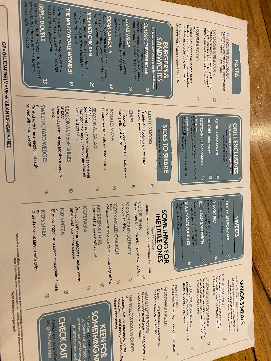 Menu, Willowdale Hotel