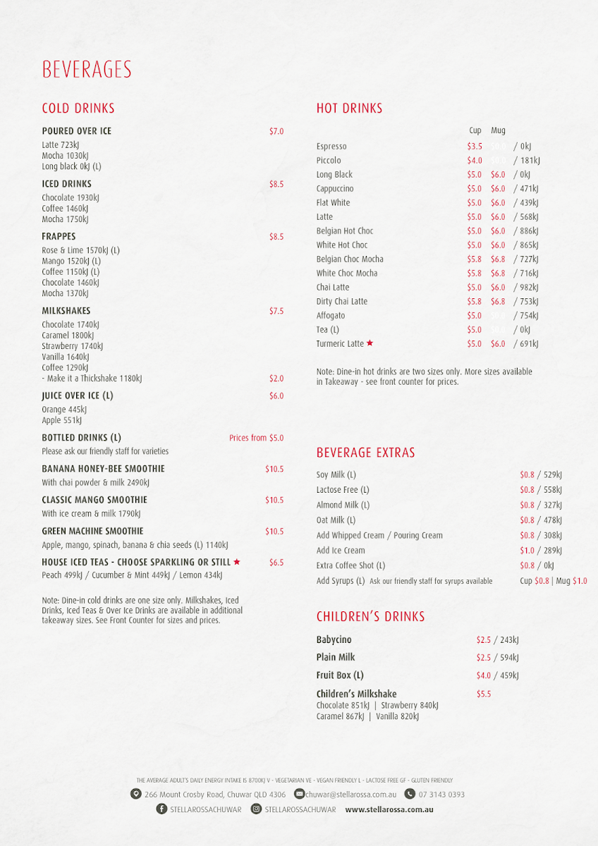 Menu, Stellarossa Chuwar (Drive Thru Cafe)