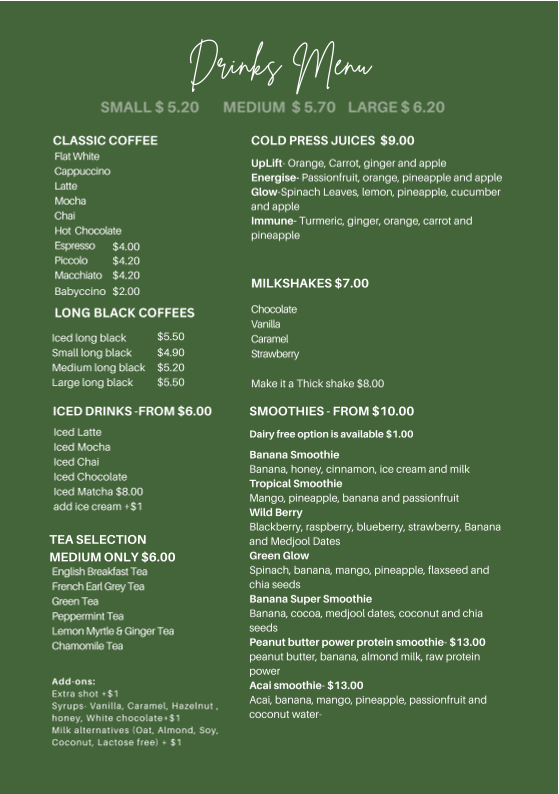 Menu, Cafe One 40 One