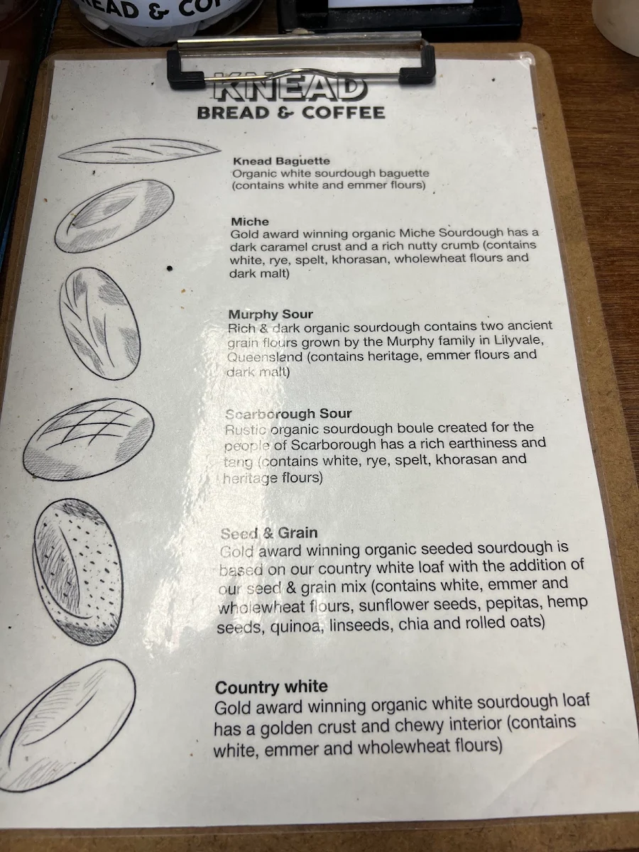 Menu, Knead Bread and Coffee