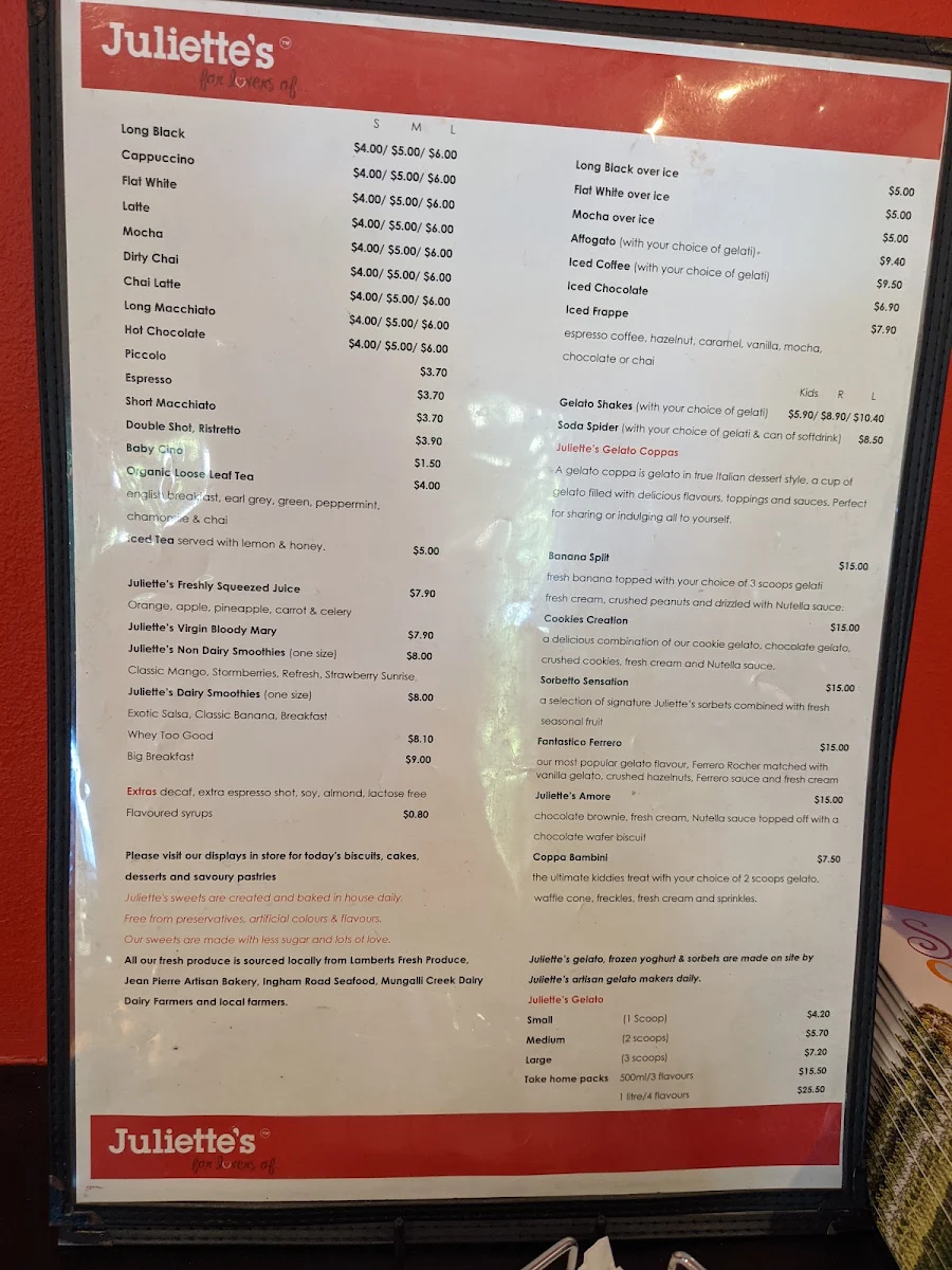Menu, Juliette's