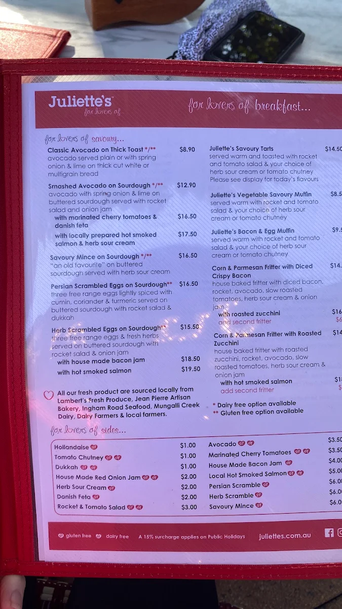 Menu, Juliette's