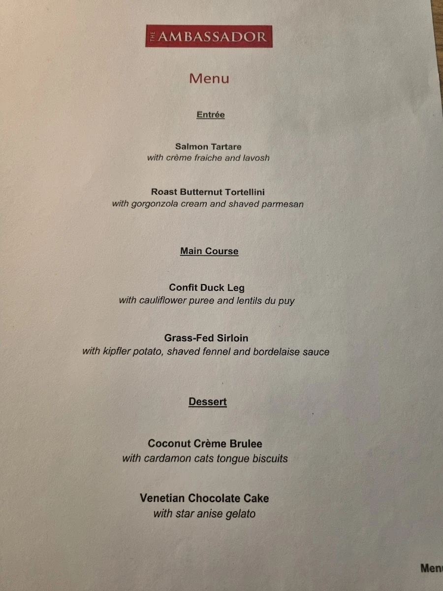 Menu, The Ambassador Training Restaurant