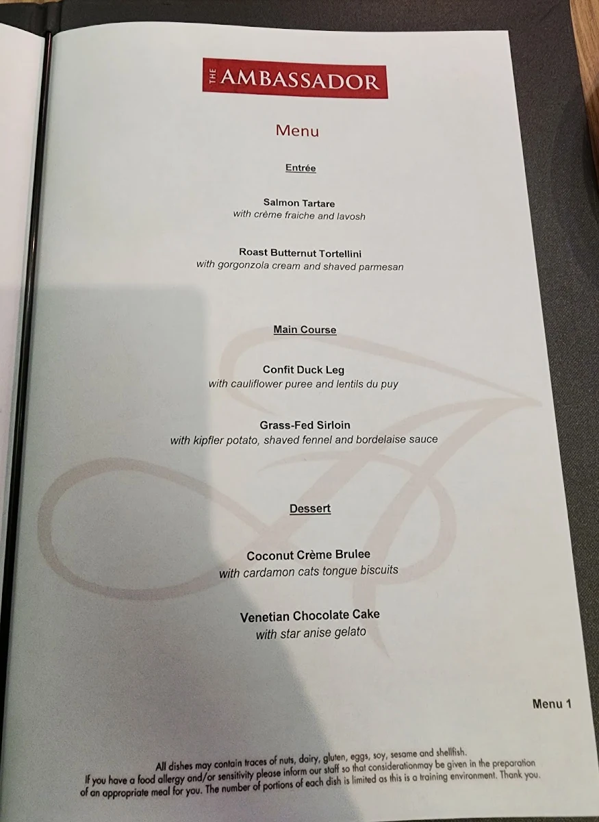 Menu, The Ambassador Training Restaurant